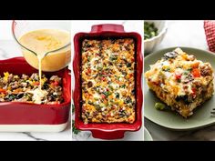 four different pictures with food in them including casserole, bread and milk being poured on top