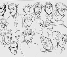 a bunch of different faces drawn in black and white with one man's head tilted to the side