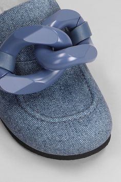 Chain Loafer Slipper-Mule in blue denim, chain detail, round toe, open back, rubber outsole, 100% canvas, Made in Italy Barbour Steve Mcqueen, Loafer Slippers, Steve Mcqueen, Gorgeous Bags, Luxury Boutique, Valentino Garavani, Shoes Flats, Blue Denim, Christian Louboutin