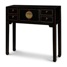 a black table with two drawers and a gold clock on the bottom drawer, sitting against a white background