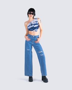 An everyday look that will be perfect for anywhere you go 💙 Take on the day knowing you look better than the rest in this set featuring a multi print one-shoulder top, paired with wide-leg blue jeans 😏 One Shoulder Top, Chic Top, Cargo Pant, One Shoulder Tops, Shoulder Design, Asymmetrical Hem, Hottest Trends, Asymmetric Hem, Jersey Fabric