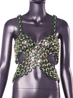 EMERALD TOP – MARIONO Chain Tank Top, Backless Cami Top, Silicone Bra, Green Crop Top, Rave Fashion, Chain Top, Gold Top, St Pattys, Back Women