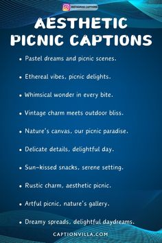 a blue poster with the words aesthetictic picnic captions on it's side