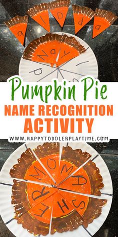 pumpkin pie name recognition activity for kids to practice the number and letter recognition skills with paper plates