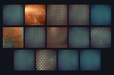 a set of nine metal textures in different colors and sizes, including coppers and blue