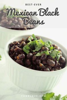 two white bowls filled with mexican black beans