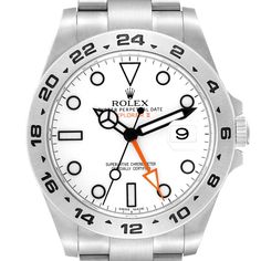 Rolex Explorer II White Dial Orange Hand Steel Mens Watch 216570 Box Card. Officially certified chronometer automatic self-winding movement. Stainless steel case 42.0 mm in diameter. Rolex logo on a crown. Stainless steel tachymetric scale bezel. Scratch resistant sapphire crystal with cyclops magnifier. White dial with luminous inlay hour markers and Mercedes hands. Orange second time zone hand. Date window at 3 o'clock aperture. Stainless steel oyster bracelet with flip lock clasp. Fits 7 3/4" White Watch Accessories With Date Indicator And Round Dial, Modern White Chronograph Watch With Date Display, White Business Watches With Date Indicator, Business White Watches With Date Indicator, White Chronograph Watch With Date Indicator, White Chronograph Watch With Date Display, Modern White Chronograph Watch With Date Indicator, White Business Watches With Date Display, White Business Watch With Date Display