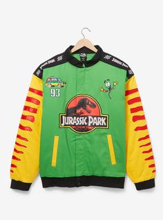 Get ready to visit Isla Nublar with this Jurassic Park-inspired racing jacket! Featuring a printed design of the film's logo  the front also includes embroidered details of the park's jeep and Mr. DNA. With satin patches decorating the sleeves and an embroidered jeep design on the back  this jacket is perfect for your next dinosaur adventure.A BoxLunch Exclusive!Outer shell: 100% cotton twillLining: 100% polyesterListed in unisex sizesWash cold with like colors; dry lowImported Mr Dna, Jeep Design, Jurassic Park Jeep, Isla Nublar, Film Logo, Racing Jacket, Big And Tall Outfits, Jacket Brands, Green And Yellow