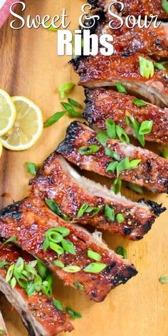 sliced ribs on a cutting board with lemons and parsley in the background text reads sweet & sour ribs