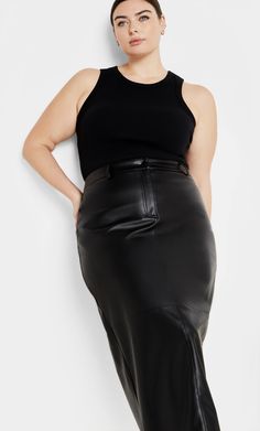 Show off your legs in the Faux Leather Ivy Skirt. Explore women's plus size fashion online now at City Chic. Trendy Midi-length Workwear Bottoms, Trendy Midi-length Bottoms For Work, Edgy Pencil Skirt For Workwear, Skirt Outfit Business Casual, Plus Size Leather Skirt Outfit, Plus Size Leather Skirt, Leather Skirt Outfit, Plus Size Skirts, Curvy Girl Fashion