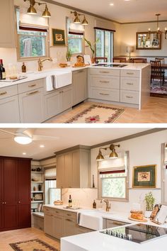 two pictures of the same kitchen and dining room