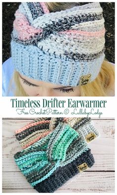 a woman wearing a knitted hat and scarf with the words,'timeless drifter earwarmer '