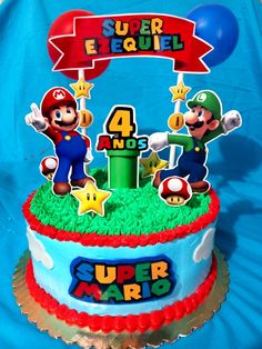 a birthday cake with mario and luigi on top