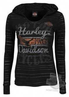 the harley davidson ladies's hoodie is shown in black and features an image of a