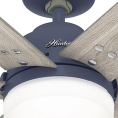 a close up view of a ceiling fan with the words hunter on it's blades