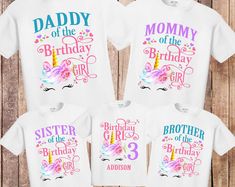 three matching shirts with the words, daddy of the birthday girl and her daughter's name