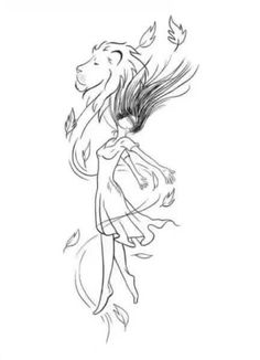 a drawing of a girl with leaves on her head and hair flying in the air