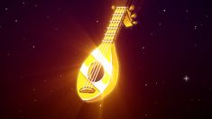 a yellow ukulele sitting on top of a star filled sky with the sun shining through it