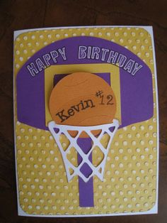 a happy birthday card with a basketball hoop and name on the front, in purple and yellow