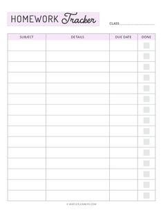 a printable homework tracker with the words homework tracker written in pink and black on it