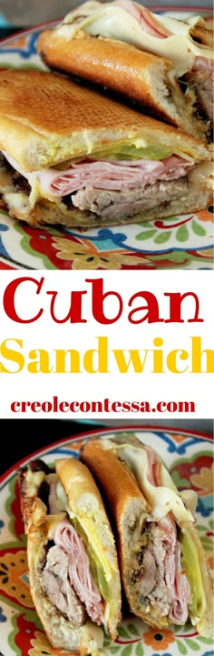 this is an image of a sandwich on a plate with the title cuban sandwich cut in half