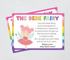 Positive classrooms are places where students feel supported, safe and willing to share their ideas. Create a positive (and clean!) classroom culture in your classroom with these Desk Fairy Notes! These printable teacher notes feature easy-to-read fonts, appealing to a wide age range of students, and rainbow colors for a fun and playful vibe. There's no better way to encourage students than with positive notes that build them up and reward responsibility!  The file will come to you as an 8.5 x 1 Desk Fairy Classroom, Fairy Classroom, Teacher Mail, Desk Fairy, Clean Classroom, Classroom Culture, Teacher Printable, Teacher Notes, Positive Notes