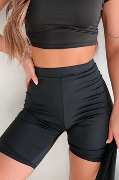 Hustle For The Muscle High Waist Biker Shorts (Black) - NanaMacs Black High-waist High-stretch Biker Shorts, Trendy High Stretch Black Shorts, Trendy Black Swimming Bottoms, High Stretch Black Athletic Shorts For Summer, High Stretch Above Knee Shorts For Summer, Trendy Black Sports Shorts, Trendy Fitted Black Athletic Shorts, Black Swimming Shorts With Short Leg, High Waist Black Shorts For Swimming