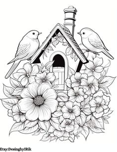 two birds sitting on top of a birdhouse surrounded by flowers