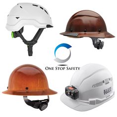 three different types of hard hats with the words one stop safety written on them and an image of a helmet