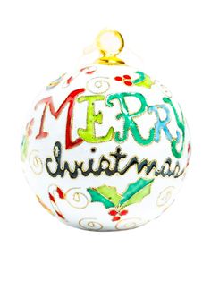 a glass ornament with the words merry christmas written in multicolored letters