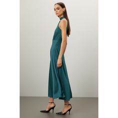 Blue satin (52% Lenzing‚Ñ¢ Ecovero‚Ñ¢ Viscose, 48% Viscose). A-line. Sleeveless. Halter neck. Tie closure. 28" from shoulder to hemline. Imported. Satin A-line Midi Dress For Dinner, Silk Midi Halter Dress For Formal Occasions, Silk Halter Midi Dress For Formal Occasions, Silk Halter Midi Dress For Formal Events, Silk Midi Length Halter Dress For Formal Occasions, A-line Bias Cut Midi Dress For Formal Occasions, Satin Halter Neck Sleeveless Evening Dress, Formal A-line Midi Dress With Bias Cut, Formal A-line Bias Cut Midi Dress