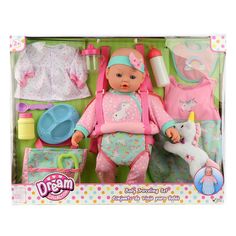 the doll is in its box and it has accessories for her to play with them