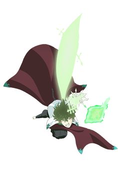 an anime character flying through the air with a green light on his head and arms