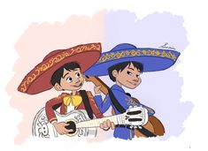 two people with guitars and sombreros on their heads