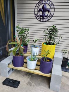 several potted plants are sitting on a wooden shelf in front of a building with a clock