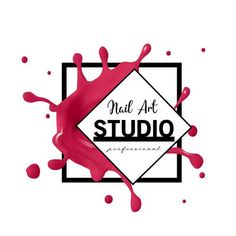 the logo for an art studio with red paint splashing on it's surface