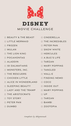 the disney movie challenge is shown in red and white with polka dot bows on it