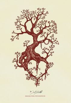 a drawing of a tree with branches and leaves on it's trunk, in red ink