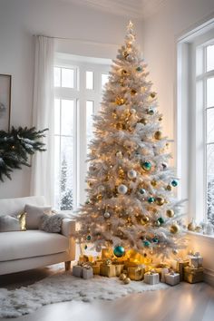 a white christmas tree with gold and green ornaments in a living room decorated for the holidays