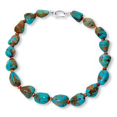 KALIFANO Turquoise Nugget and Spiny Oyster Shell 18" Necklace  Add a bold pop of color to your neckline with this fun, gemstone necklace. The chunky style features nuggets of beautiful, blue turquoise and contrasting orange spiny oyster shell bead accents.       Approx. 18"L x 5/8"L      Stamped .925; rhodium plating     Snap lock closure     Necklace comprised of nugget-shaped turquoise beads alternating with orange spiny oyster shell bead accents   Stone Information       All sizes and weights Color Bands, Beauty Crafts, Spiny Oyster, Oyster Shell, Shell Beads, Turquoise Beads, Men Necklace, Gemstone Necklace, Fashion Earrings