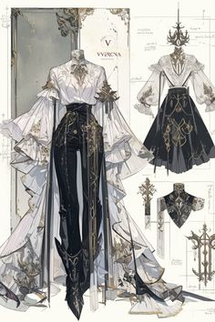 an image of a costume design for a woman in white and black with gold accents