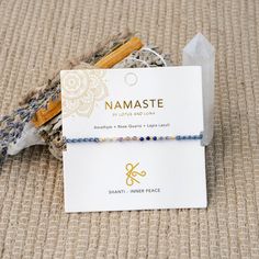 Discover Namaste through your practice and beyond with our dainty Namaste Bracelet Collection. These small but mighty bracelets serve as wearable reminder to be present in your power on and off the mat. The intention of Shanti brings peace and harmony to the mind, body, and spirit. Visualize an oasis of calm and soothing tranquility, allowing it to manifest as needed. Featured Healing Stones: Sodalite, Lapis Lazuli, Amethyst, Rose Quartz Perfect for gifting, each bracelet comes packaged with a d Adjustable Healing Bracelets With Meaningful Style, Spiritual Hypoallergenic Friendship Bracelets, Spiritual Adjustable Hypoallergenic Friendship Bracelets, Instagram Review, Small But Mighty, Mind Body And Spirit, Peace And Harmony, Pull Through, Bracelet Collection