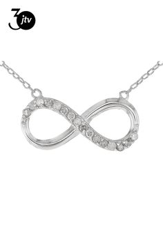 0.25ctw round white diamond, rhodium over sterling silver infinity necklace. Measures approximately 7/16"W and features a cable chain with a spring ring clasp closure. Silver Infinity Necklace, Infinity Necklace Silver, Infinity Necklace, Cable Chain, Spring Rings, White Diamond, Cable, Sterling Silver, Chain