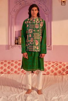 Siddhartha Bansal-Emerald Green Printed Kurta Bundi Set-INDIASPOPUP.COM Siddhartha Bansal, Blossom Print, Nehru Jackets, Paisley Floral, Kurta With Pants, Green Print, Kurta Set, Full Sleeves, Sea Green