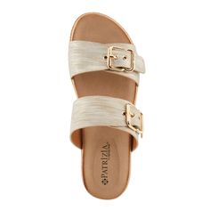 PATRIZIA Style: VELVETTE Unveil the perfect match of style and comfort with our two-strap buckle slide sandals. These sandals offer a harmonious combination of sleek design, practicality, and all-day ease, every step you take will be a stylish and comfortable journey. Upper: Faux Leather Lining: Faux Leather Insole: Faux Leather Outsole: Polyurethane Closure: Slide Heel Height: 2" Platform Height: 1 1/4" Features: - The upper features two chic straps in a sophisticated metallic sheen with adjust Gold Open Toe Slides With Buckle Closure, Beige Double Strap Sandals With Buckle Closure, Gold Slide Footbed Sandals With Buckle, Gold Slide Footbed Sandals With Buckle Closure, Beige Slides With Buckle Closure For Beach, Gold Buckle Footbed Sandals For The Beach, Gold Footbed Sandals With Buckle Closure For Summer, Gold Footbed Sandals With Buckle Closure For Beach, Gold Footbed Sandals With Buckle For Beach