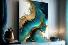 an abstract painting on a wall in a living room with blue and gold accents,