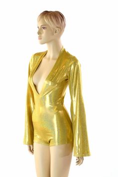 "This item is made to order, please read all the way through the listing before purchasing! This bodysuit is made of a gold metallic holographic sparkly jewel spandex. Long Bell cut sleeves and boy cut legs. This fabric has an amazing holographic sparkle! Deep, plunging v neckline. Four way stretch for a figure forming fit. This bodysuit is unlined. Womens Sizing (See below for instructions on where measurements should be taken) XXS: Bust 29\"-30\" / Waist 22\"-23\" / Hips 30\"-32\" Extra Small: Boy Cut, Boy Cuts, Rave Festival, Olive Branch, V Neckline, Clothing Items, Peplum Top, Bell Sleeves, Rompers