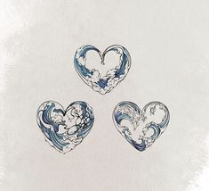 three hearts shaped like waves on a white background with blue watercolors in the middle