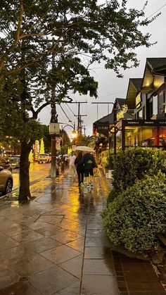 people are walking down the street in the rain