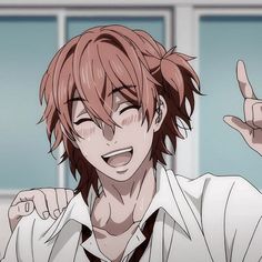 an anime character with red hair pointing to the side while wearing a white shirt and tie